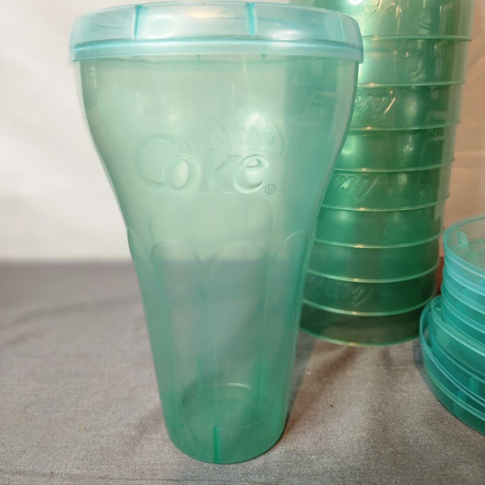 Vintage Coca Cola Coke Jumbo 44oz Green Plastic Cup  W/ Lid, QTY 10